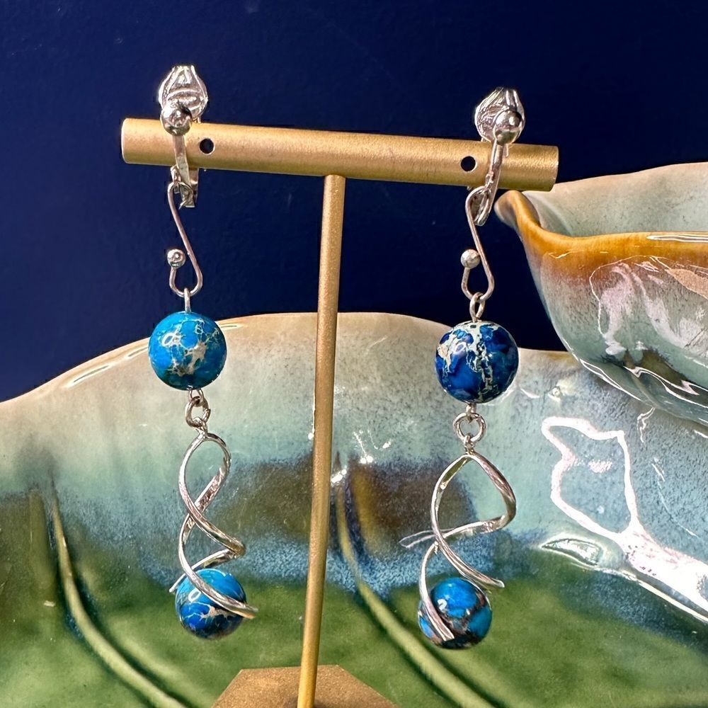 Vintage Genuine Blue Impression Jasper Handmade Clip on Earrings